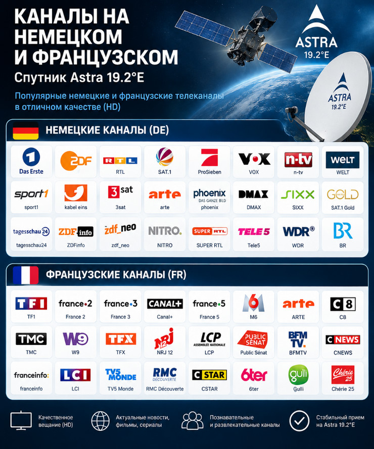 Каналы на немецком и французском языках (Astra 19.2E)