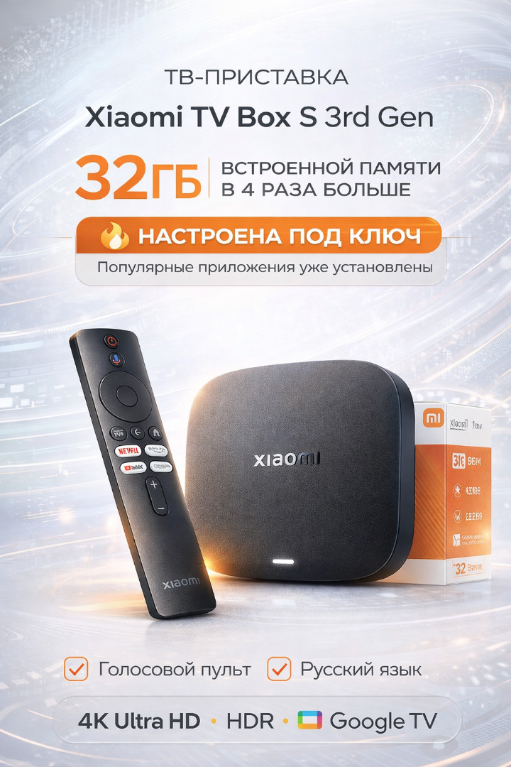 Смарт ТВ приставка Xiaomi Mi Box S 4K 3rd Gen 2025 Global — международная версия, Netflix, Google TV, 4K HDR