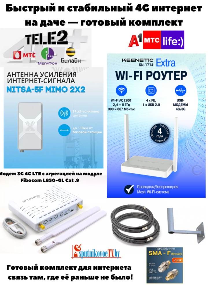 Комплект усиления 4G интернета – модем Fibocom L850-GL + роутер Keenetic